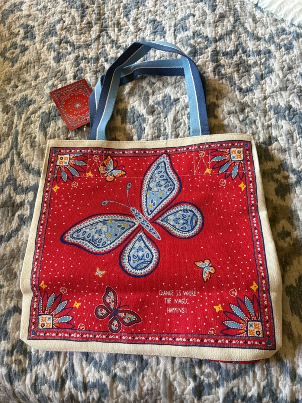 New Brighton Red Bandana-Print Tote with Blue Handles - Picture 2 of 3